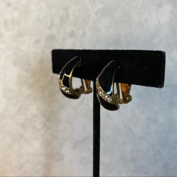Vintage Black Enamel & Crystal Thin Hoop Clip Ons - Picture 2 of 6